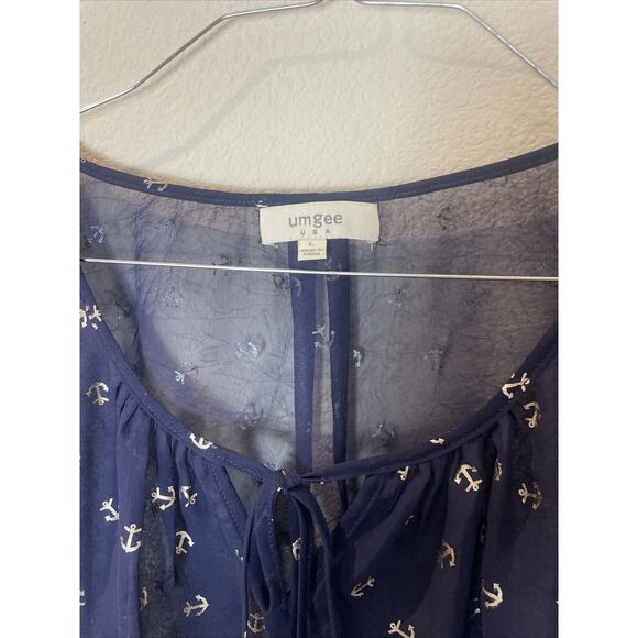 umgee, navy blue sheer anchor print blouse, large - Picture 2 of 4